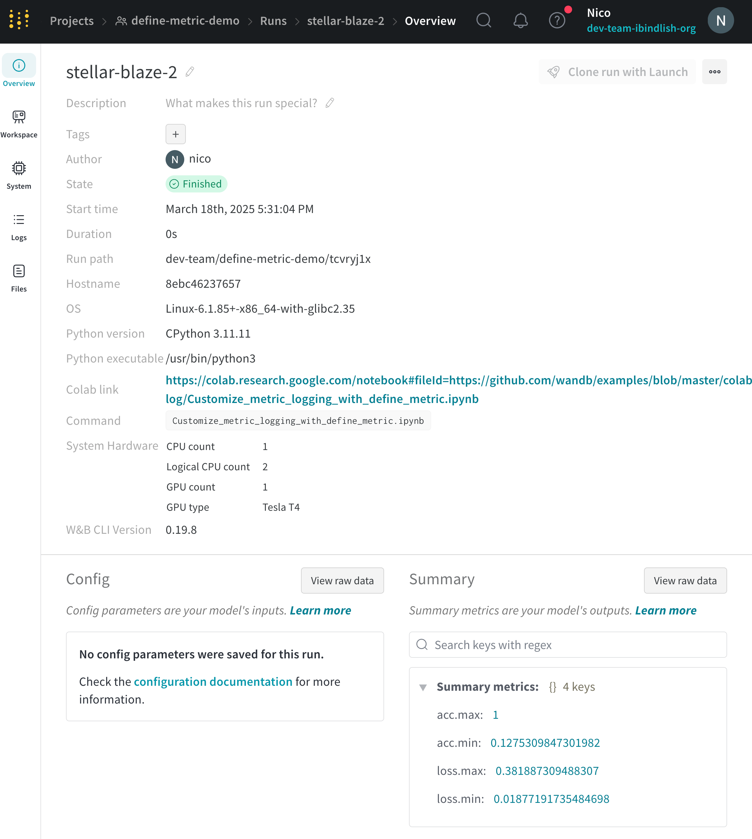 Overview page of a run logged to W&B. Bottom right corner of UI shows the min and max of the machine learning models accuracy and loss within the Summary metrics section.
