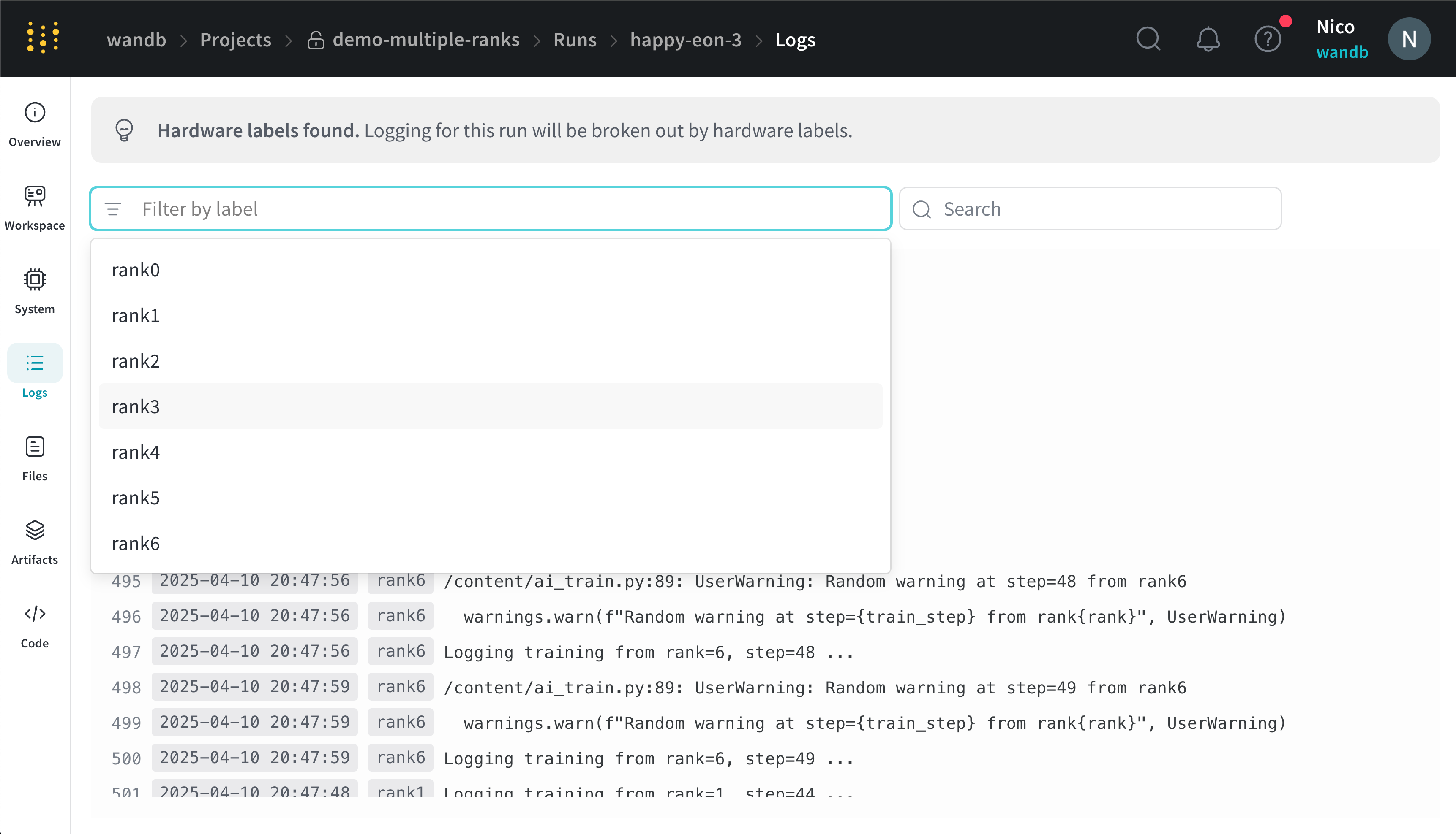 Console logs from multiple nodes with the x_label filter applied.